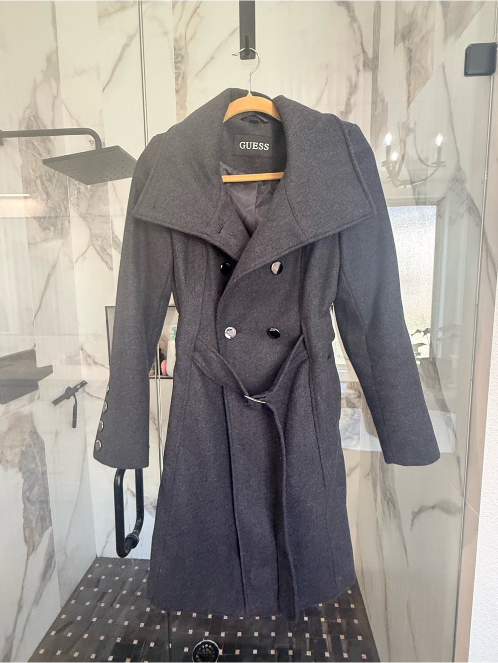 GUESS Women's Charcoal Gray Double-Breasted Trench Coat